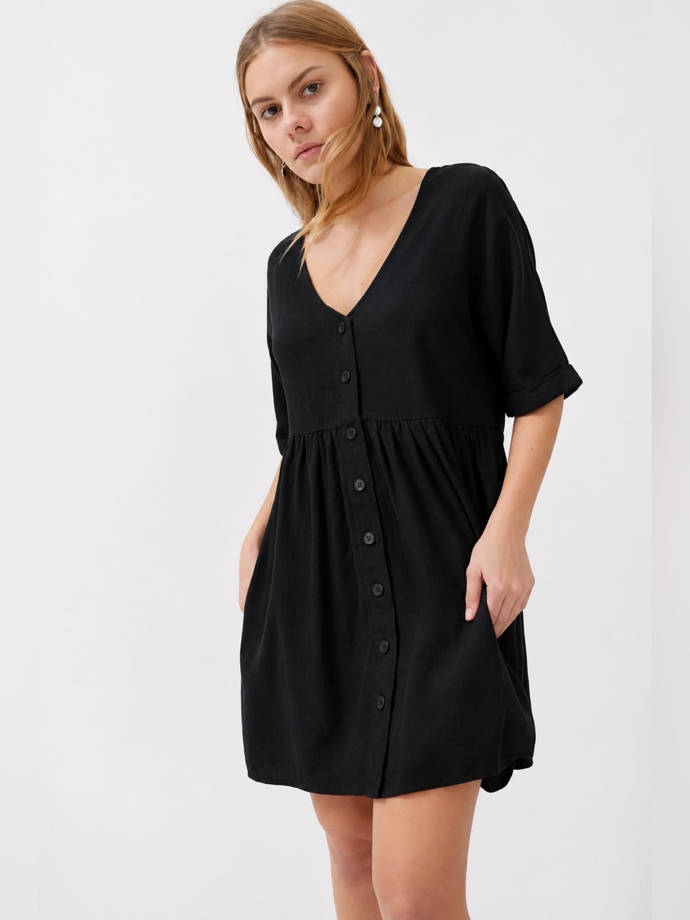 Urban Outfitters UO Blake Button-Down Frock Dress Linen Blend V-Neck Babydoll